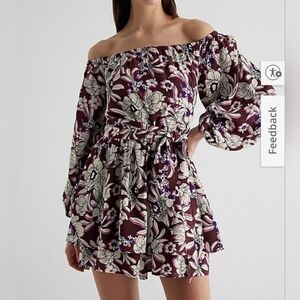 Express Burgandy White Floral Off The Shoulder Tie Waist Ruffled Romper Size L
